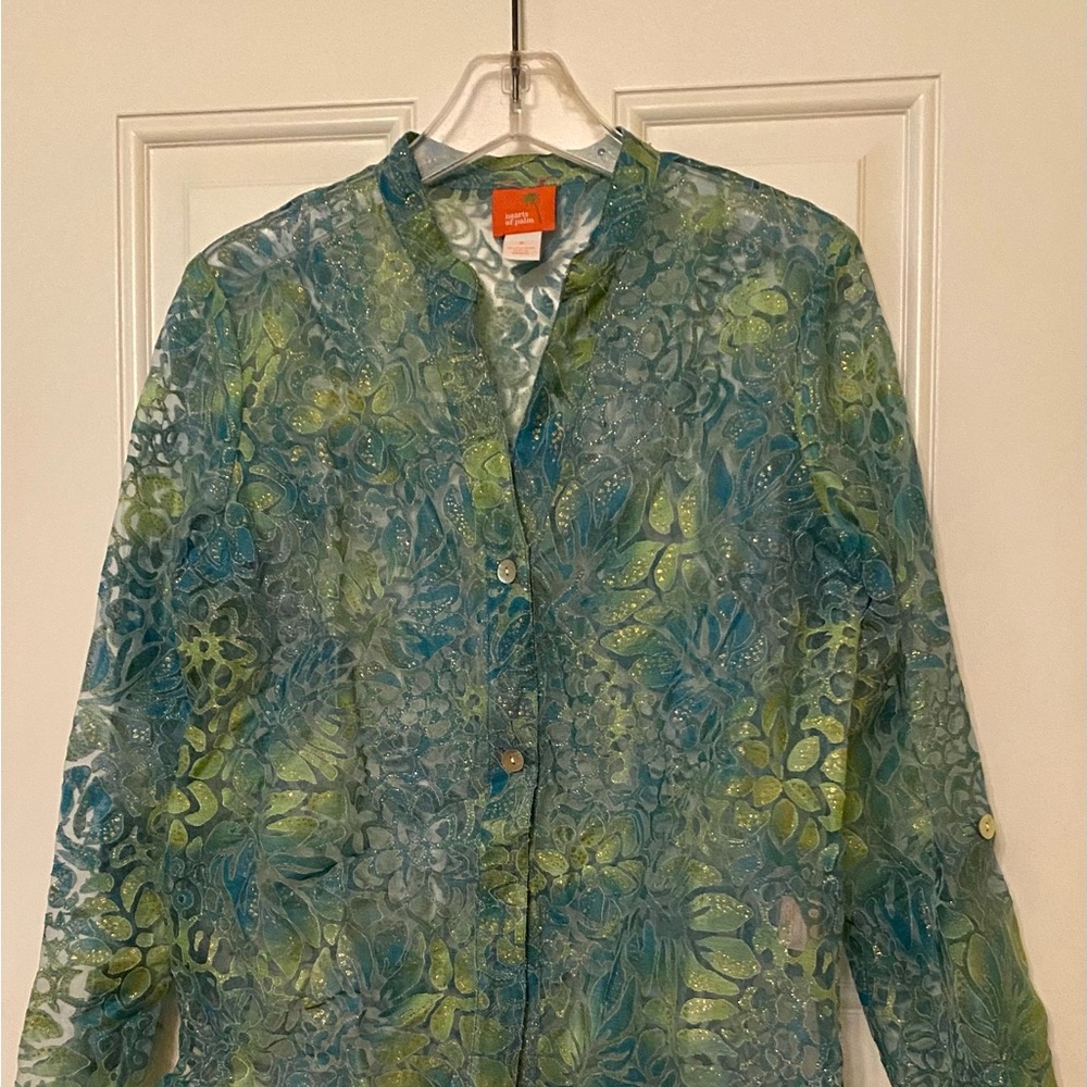 Polyester Button Up Women’s Blouse Sheer Size 8 Long Sleeve Green & Blue. NWOT